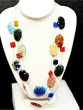 Multicolor 3 Invisible Strand Glass Bead Necklace Jewelry Adjustable Length